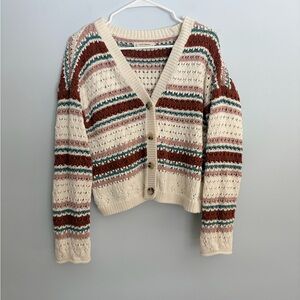 Lucky Brand Slouchy Pointelle Striped Knit Cardigan Sweater